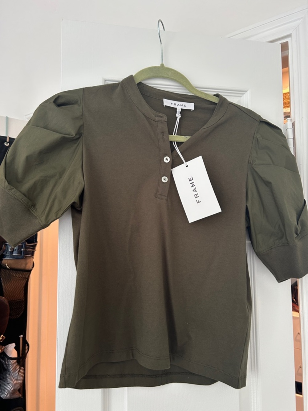 NWT FRAME Olive Green Puff Sleeve Henley